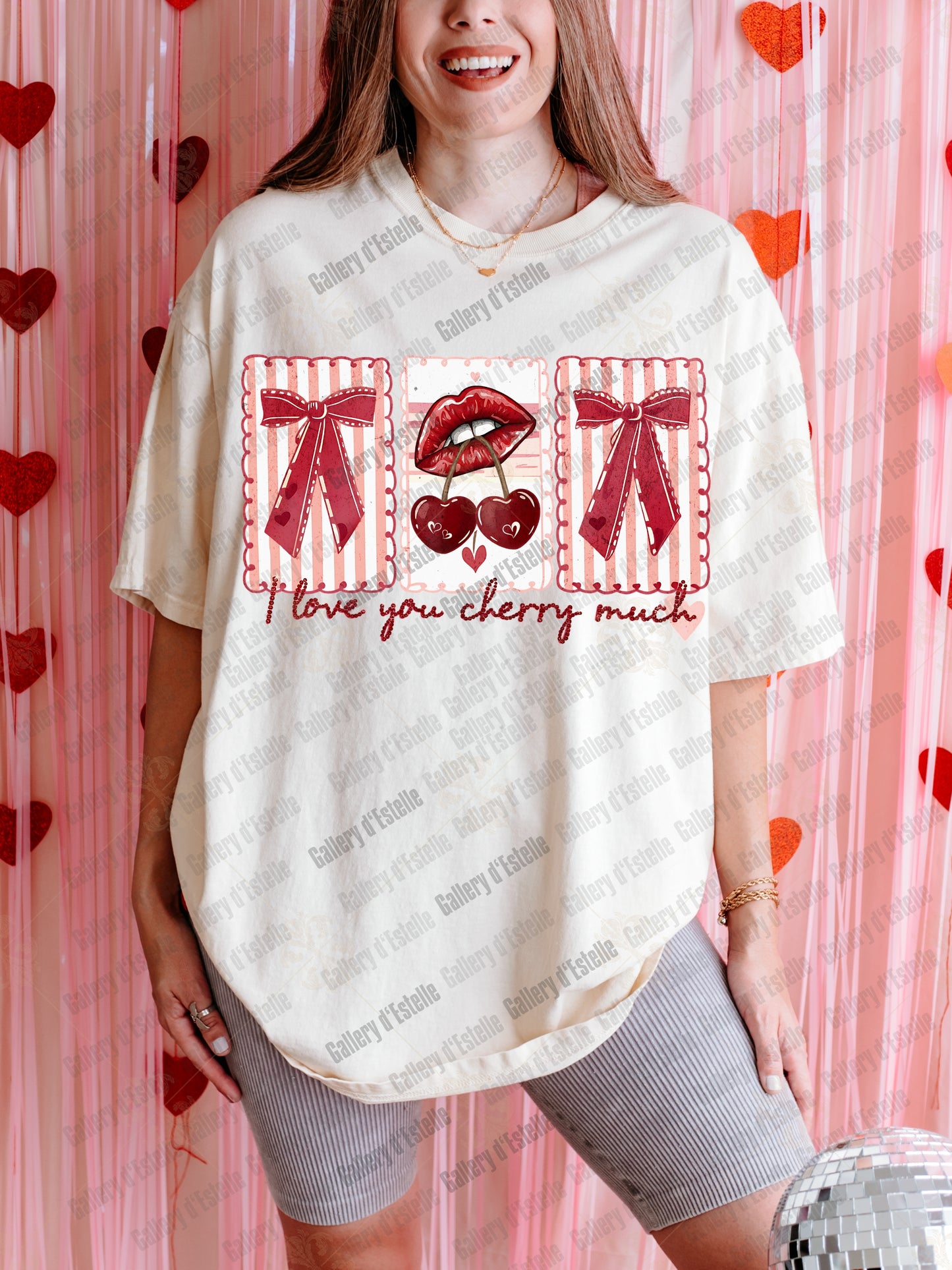 Love You Cherry Much PNG, Retro Cherry Lips Graphic, Coquette Valentine Stamp Collage, Trendy Pink Bow Shirt Design