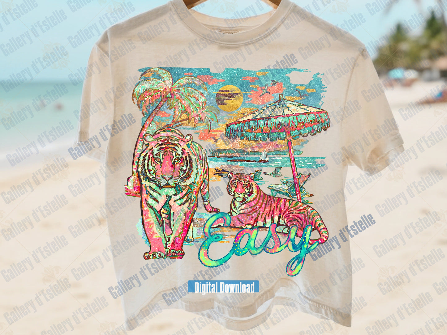 Beige t-shirt with colorful tiger design and 'Easy' text on a beach background