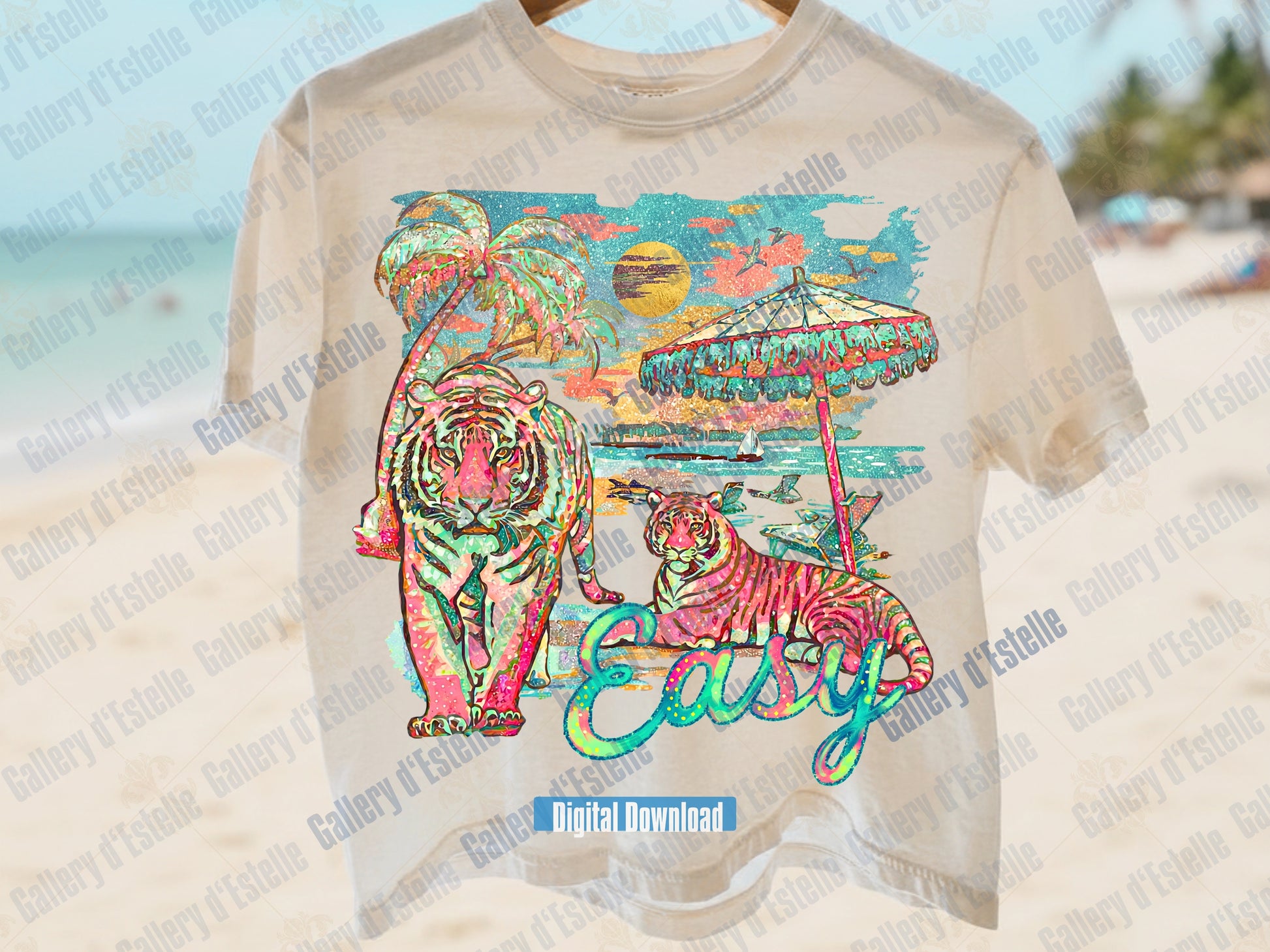 Beige t-shirt with colorful tiger design and 'Easy' text on a beach background