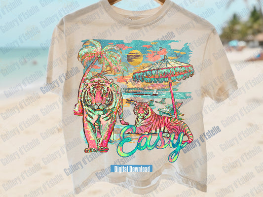Beige t-shirt with colorful tiger design and 'Easy' text on a beach background