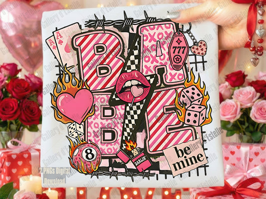  Be Mine Babe Western Valentine PNG with pink hearts, dice, and cowgirl rodeo elements
