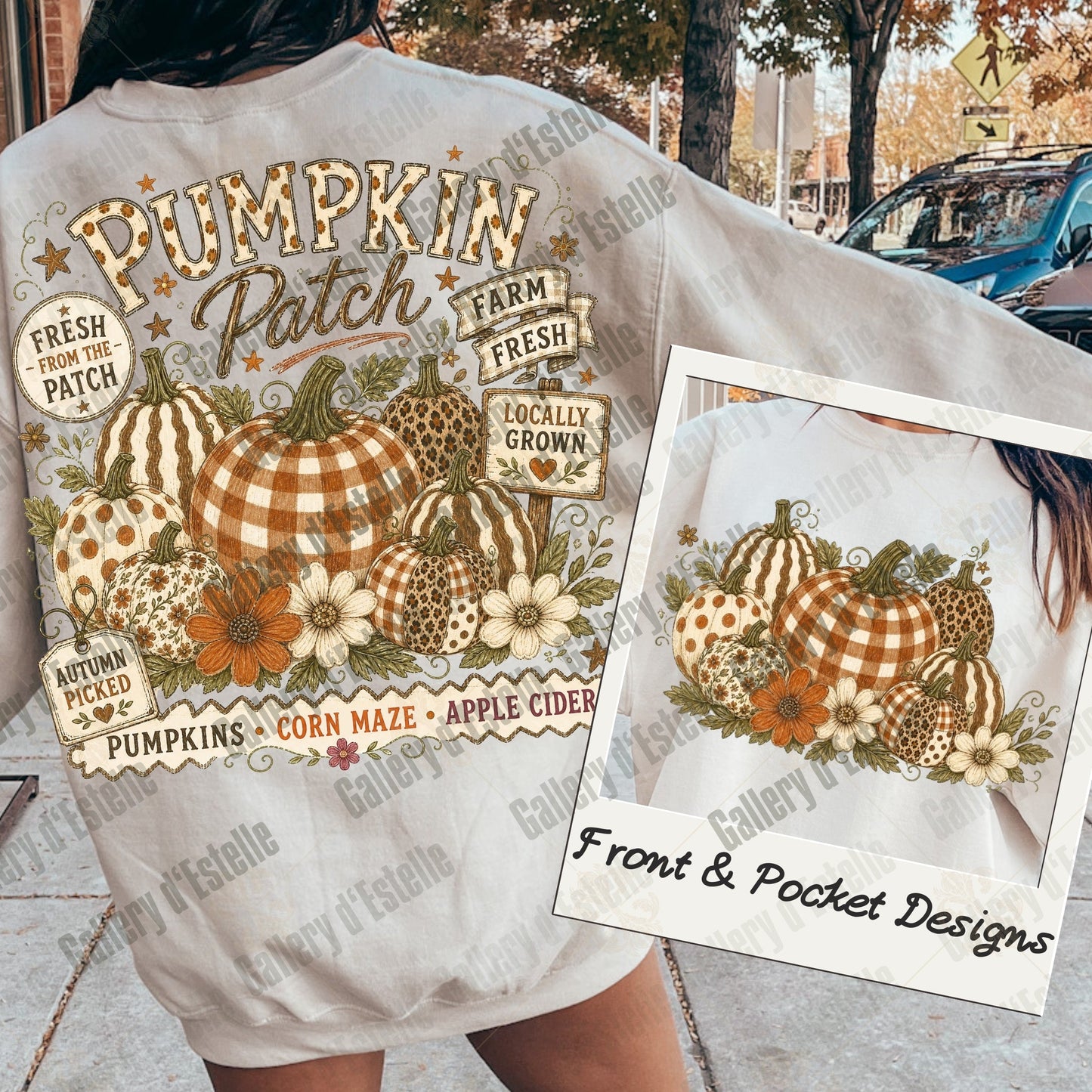 A person wearing a light beige sweatshirt outdoors, shown from the back with a large autumn-themed pumpkin patch graphic. The graphic includes pumpkins, flowers, and text such as 'Pumpkin Patch Farm Fresh' and 'Locally Grown.