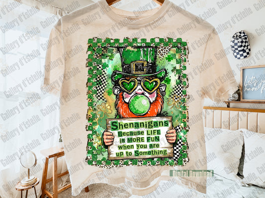 Shenanigans St Patrick's Day PNG with retro leprechaun graphic and checkered leopard shamrock art,funny lucky design on a beige shirt