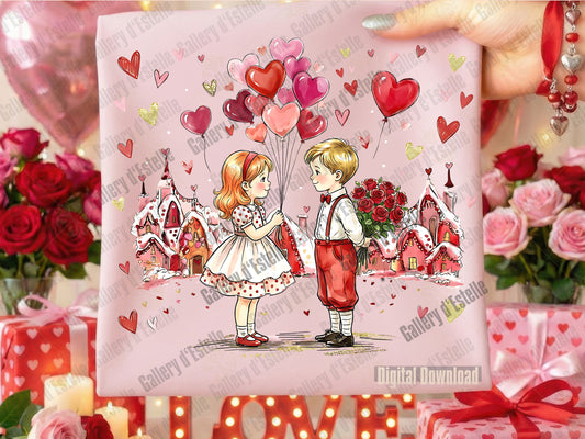 Illustration of a boy and girl holding hands with balloons and flowers, surrounded by romantic elements.