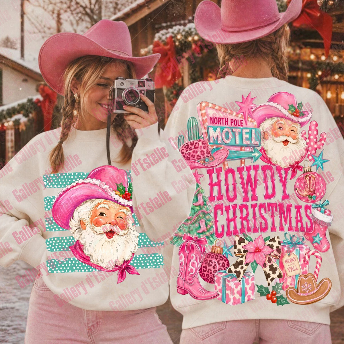 Two women wearing matching Christmas-themed sweatshirts, shown from the back and front. The sweatshirts are cream-colored with vibrant pink and teal graphics, featuring Santa Claus, cowboy hats, boots, and the text 'NORTH POLE MOTEL HOWDY CHRISTMAS'.
