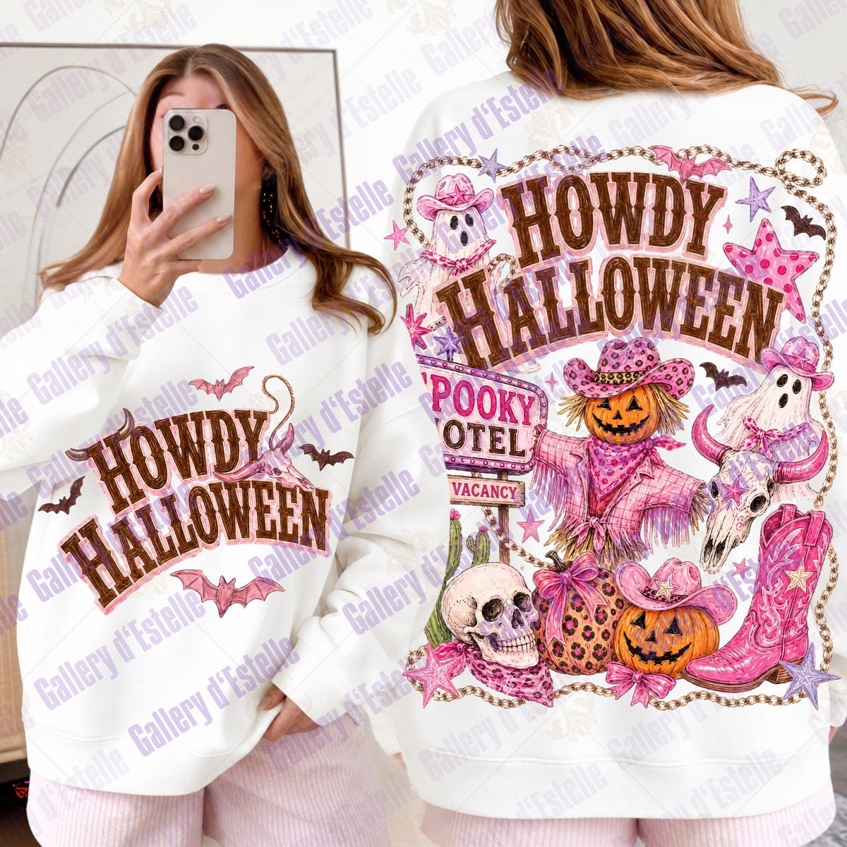 A white crewneck sweatshirt shown from both front and back on a model. The front features brown text reading 'HOWDY HALLOWEEN' with small bat motifs.