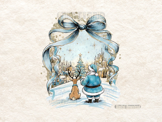 Blue Christmas Town PNG, Retro Santa and Reindeer, Whimsical Winter Holiday Sublimation, Coquette Shirt Design