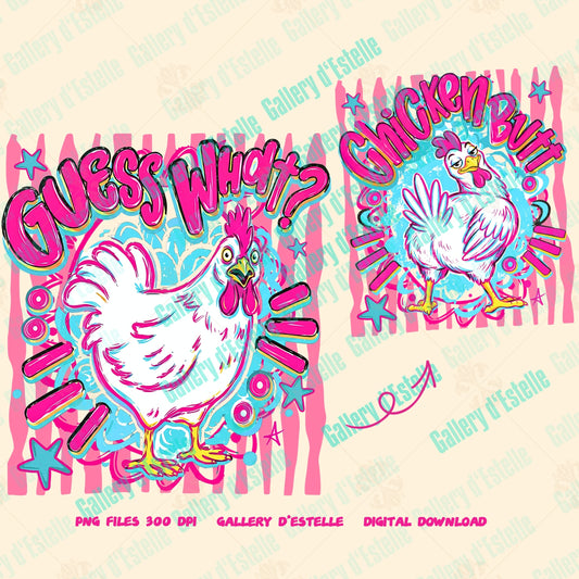 Two colorful chicken illustrations with funny text on a light pink background