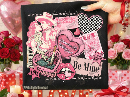 Black folded shirt with a cowboy and a cowgirl, pink and white love graphics and casino elements, held in front of a festive background with flowers.