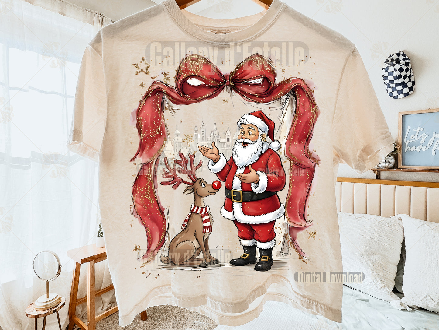 Coquette Santa and Reindeer PNG, Nostalgic Retro Christmas Town Graphic, Whimsical Holiday Sublimation, Festive Shirt Design