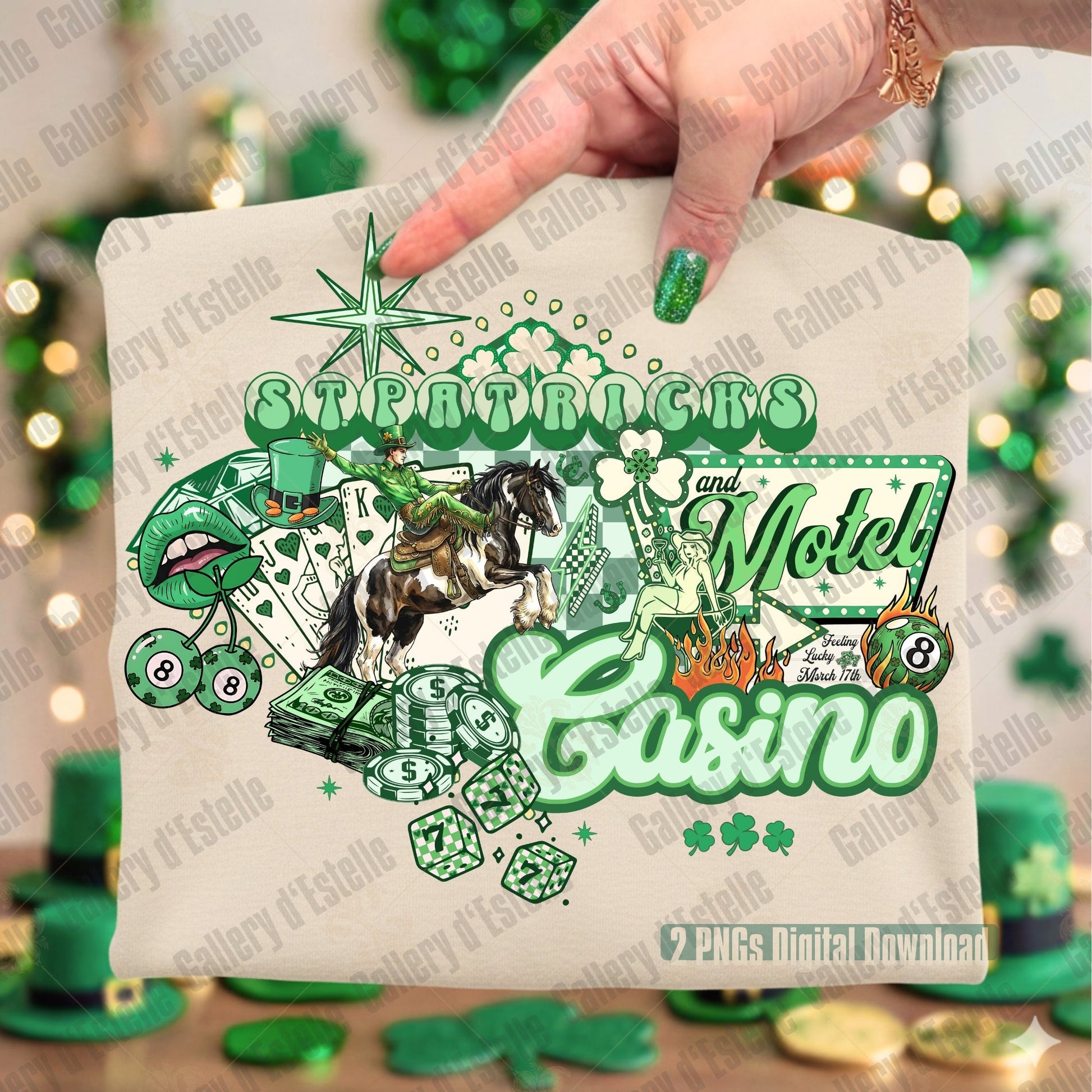 Folded beige T-Shirt with St. Patrick's Day themed design featuring a leprechaun cowboy on horseback, money, dice and casino elements on a checkered retro Vegas style sign.