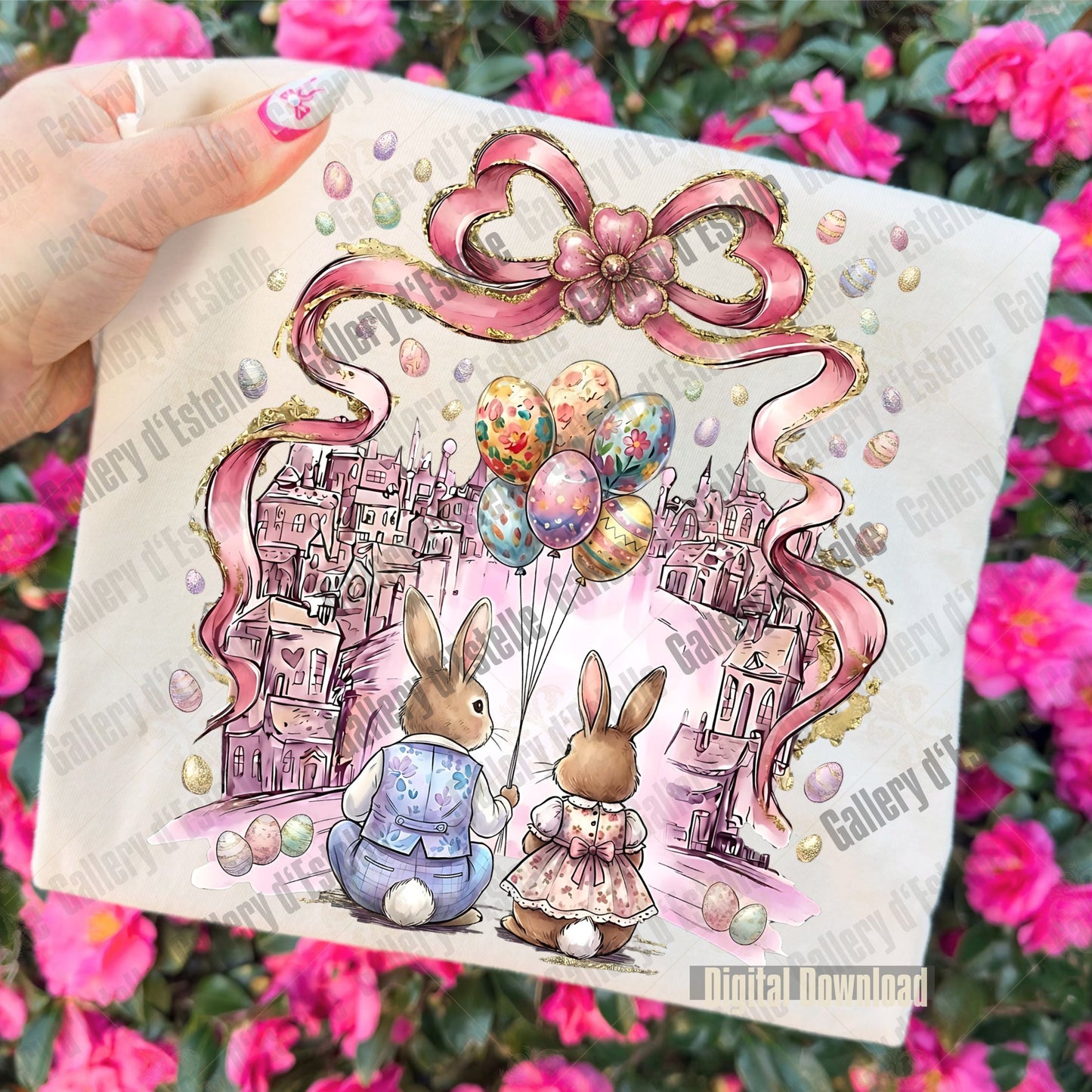 Illustrated folded T-shirt with coquette easter bunnies and balloons held against a floral background
