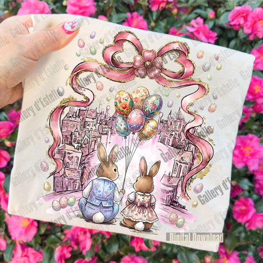 Illustrated folded T-shirt with coquette easter bunnies and balloons held against a floral background