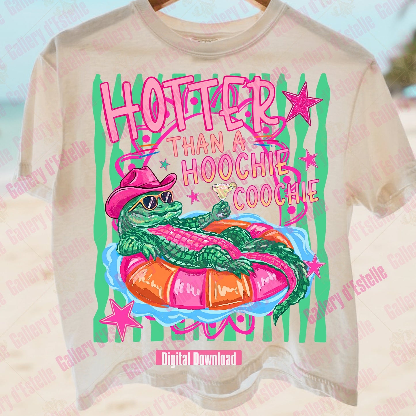 Beige t-shirt with colorful graphic of a alligator and text on a beach background