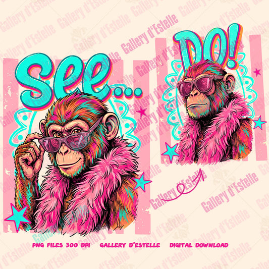 Colorful monkey illustration with sunglasses and fur on a pink background with text.