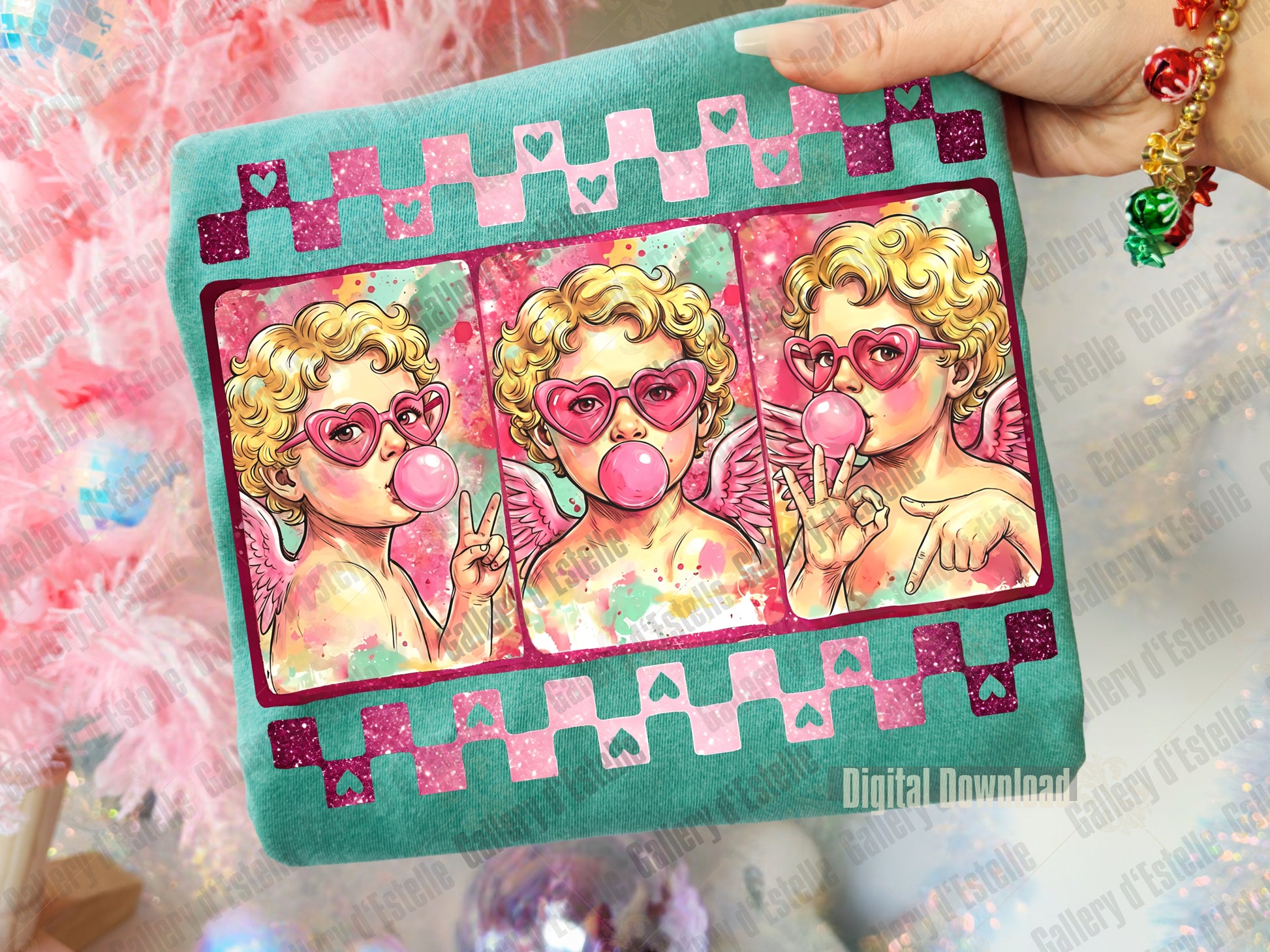 Bubblegum Cupid Valentine PNG with pink retro angels and watercolor texture
