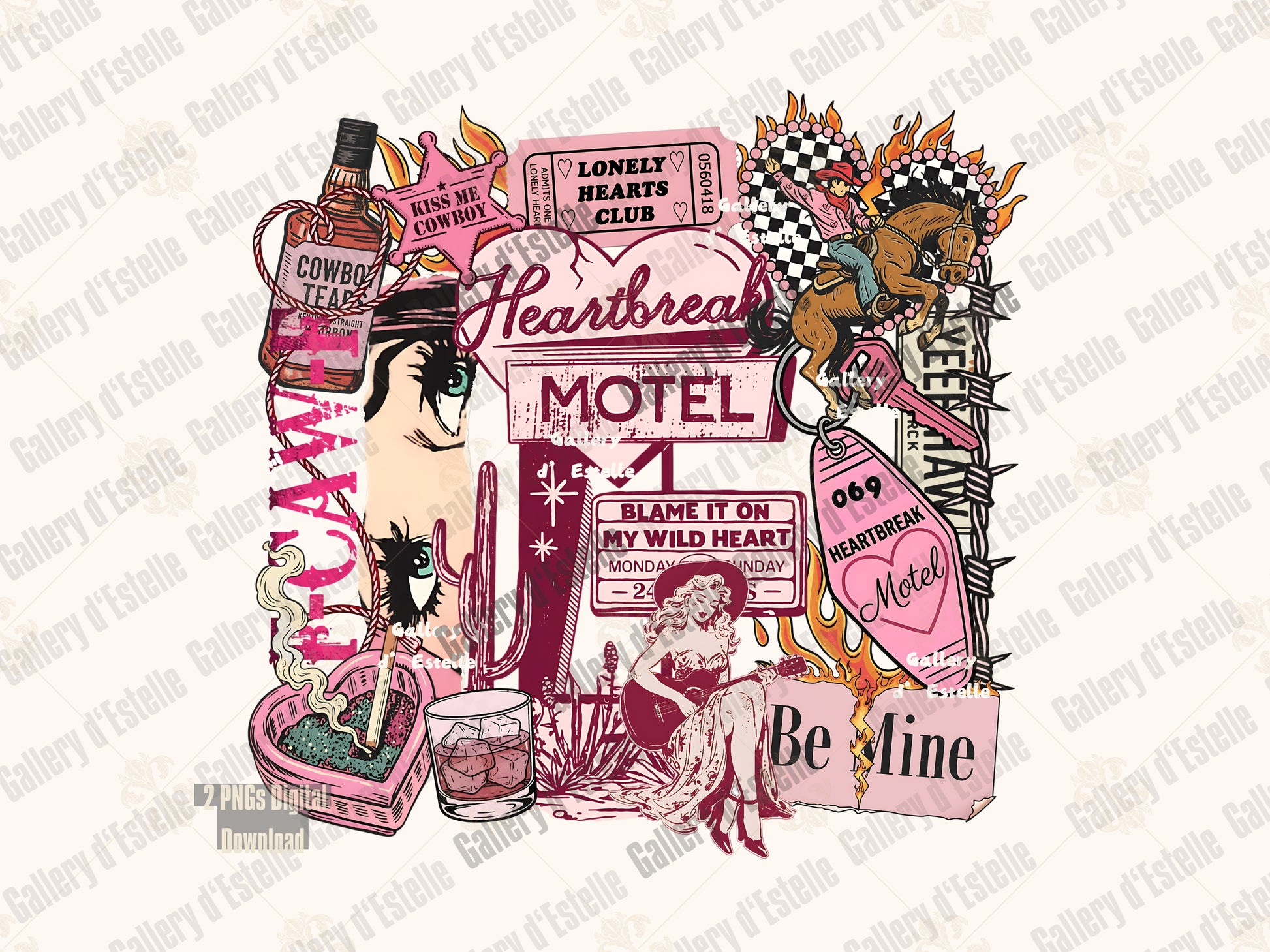 Vintage-style collage with 'Heartbreak Motel' sign, cacti, and other elements on a light background.
