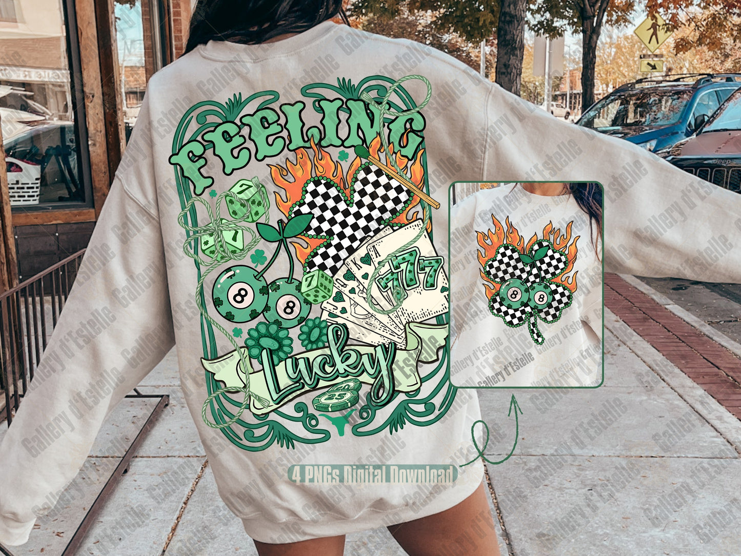 Person wearing a st patrick's day sweatshirt with a colorful graphic design on the back, including the phrase "Felling Lucky" and incorporates casino symbols.