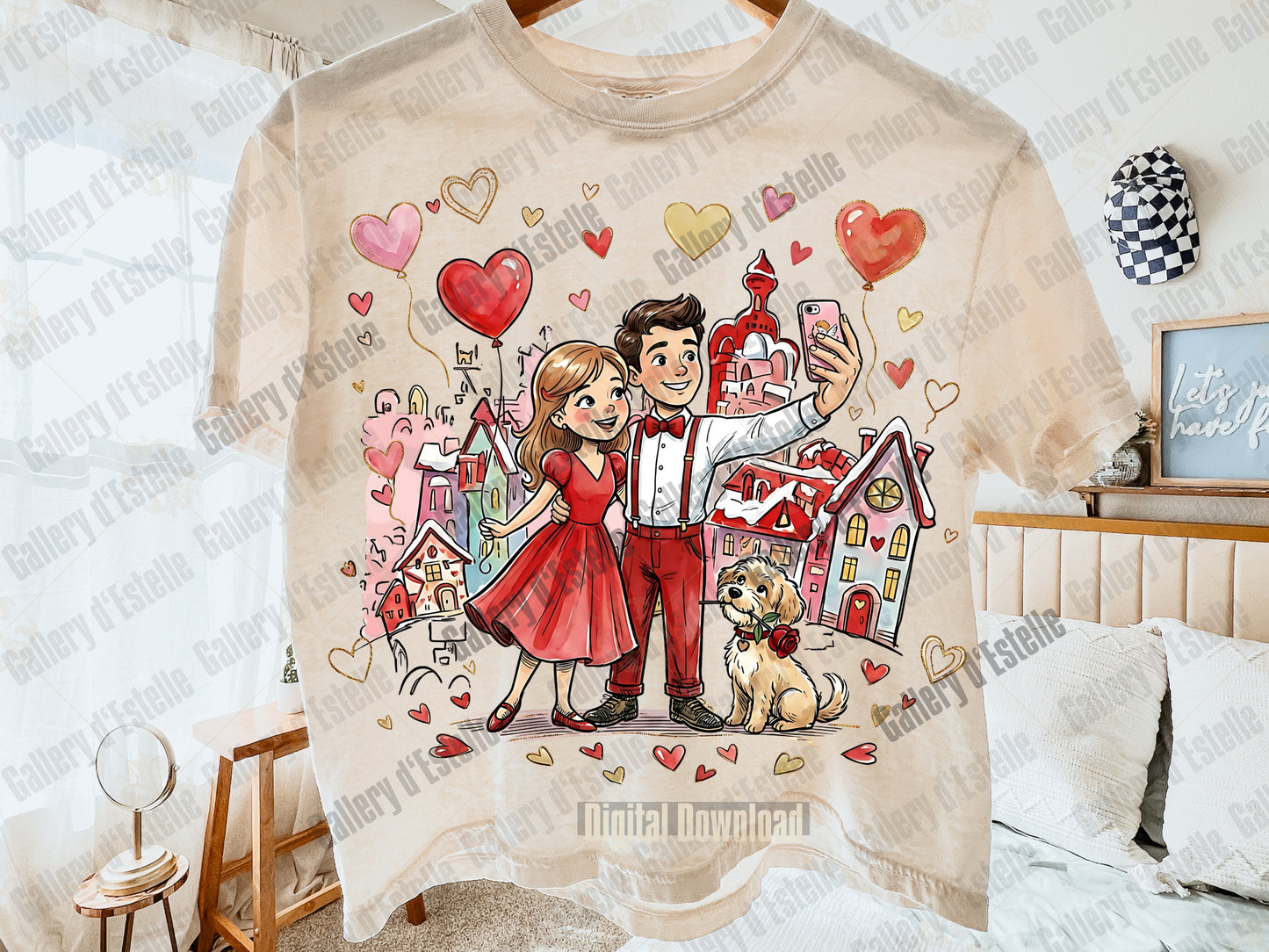 Retro Valentine Love PNG with whimsical selfie couple illustration for preppy Valentine's Day shirt design