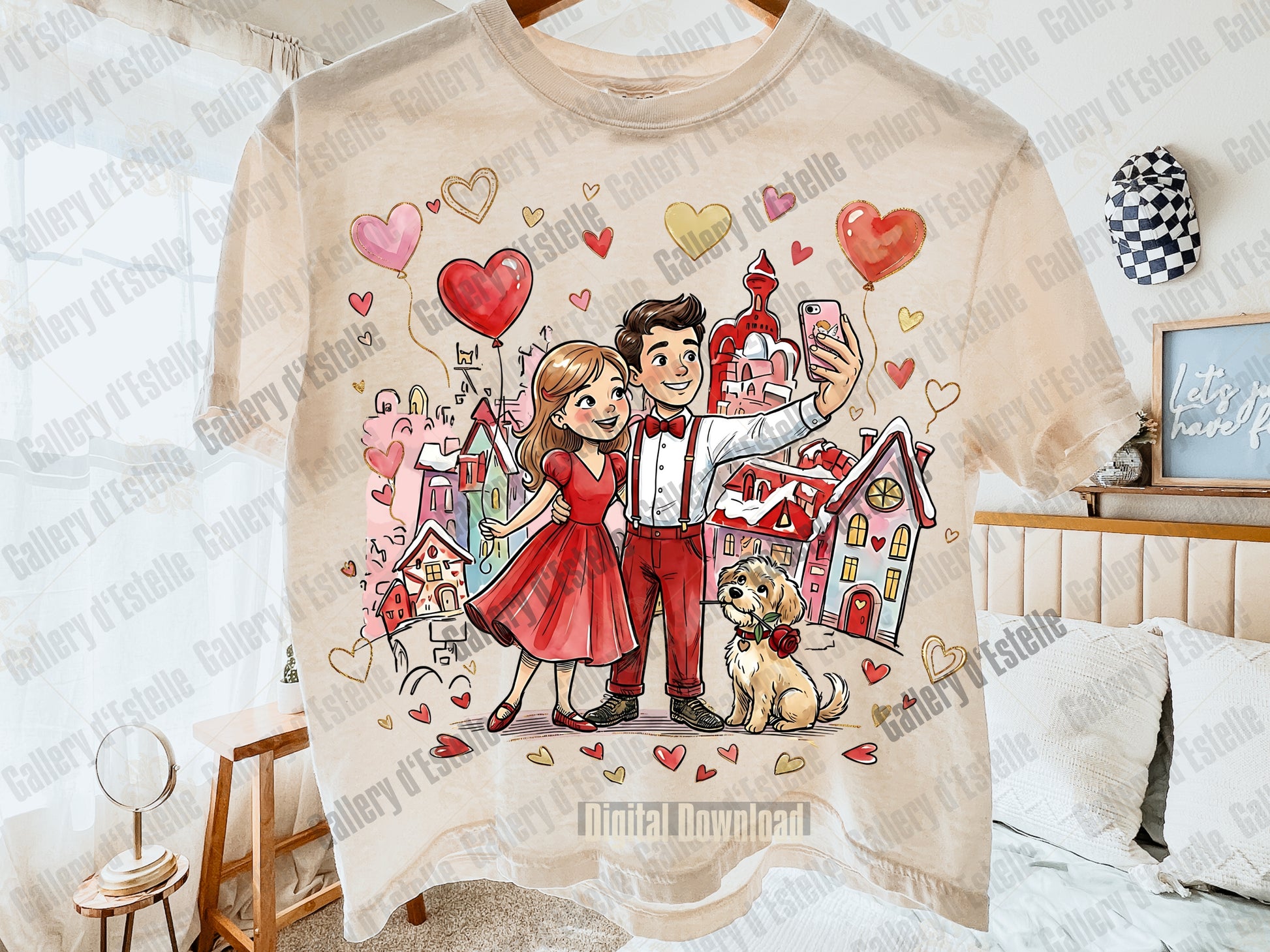 Retro Valentine Love PNG with whimsical selfie couple illustration for preppy Valentine's Day shirt design