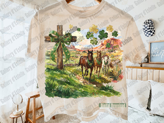 Beige T-shirt with a graphic of St Patrick's Day horses and a coquette Christian Cross with shamrocks on a scenic background.