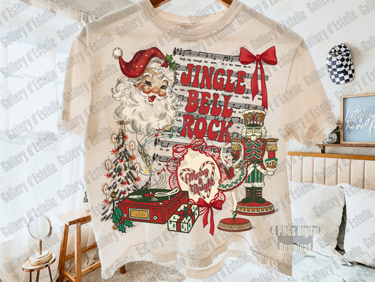 Beige t-shirt with Christmas-themed design featuring Santa Claus and musical elements, hanging on a hanger.