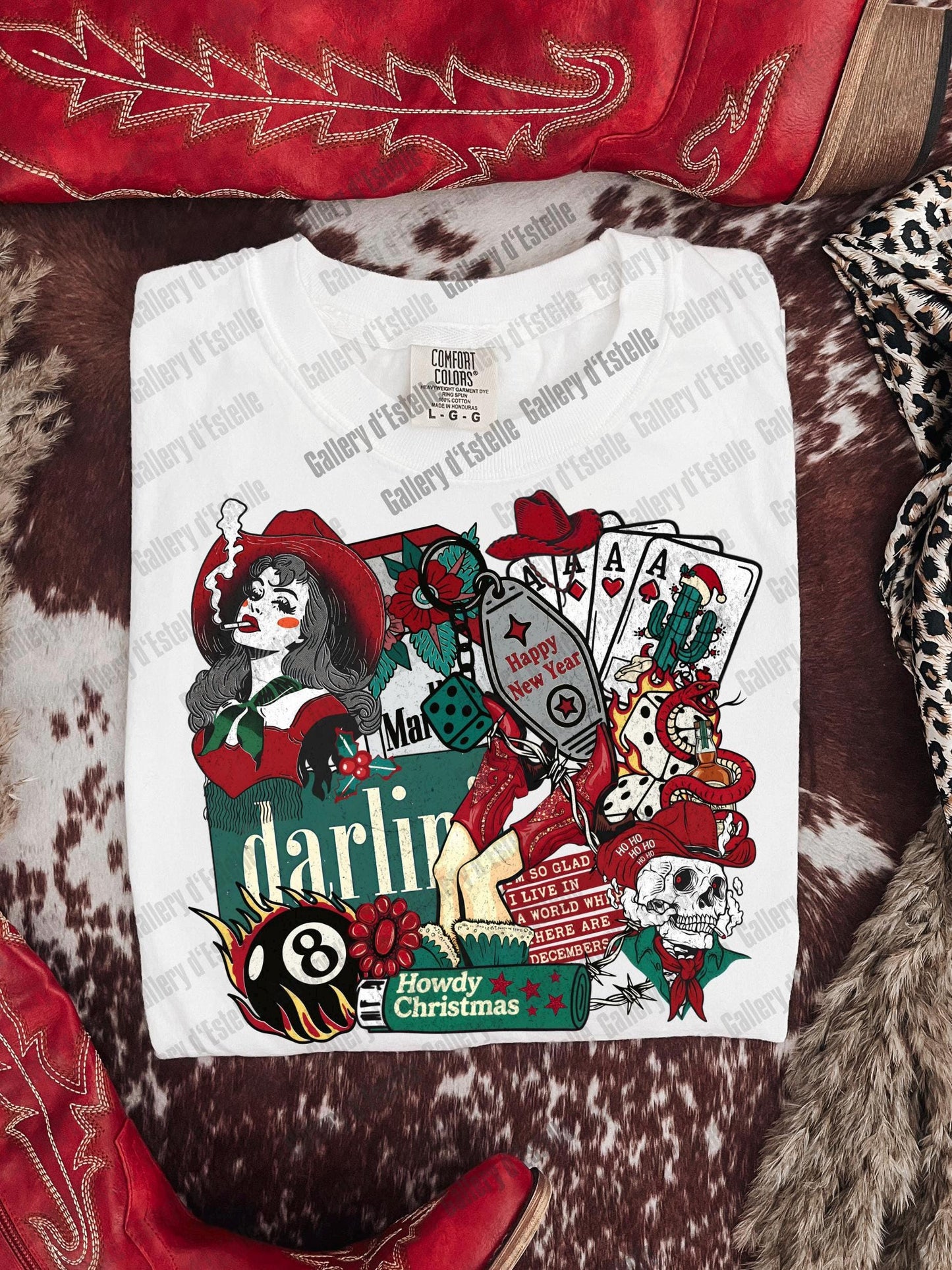 Western Cowgirl Christmas Collage PNG, Festive Cowboy Skeleton Graphic, Gothic Santa Holiday Design, Edgy Country Shirt Design
