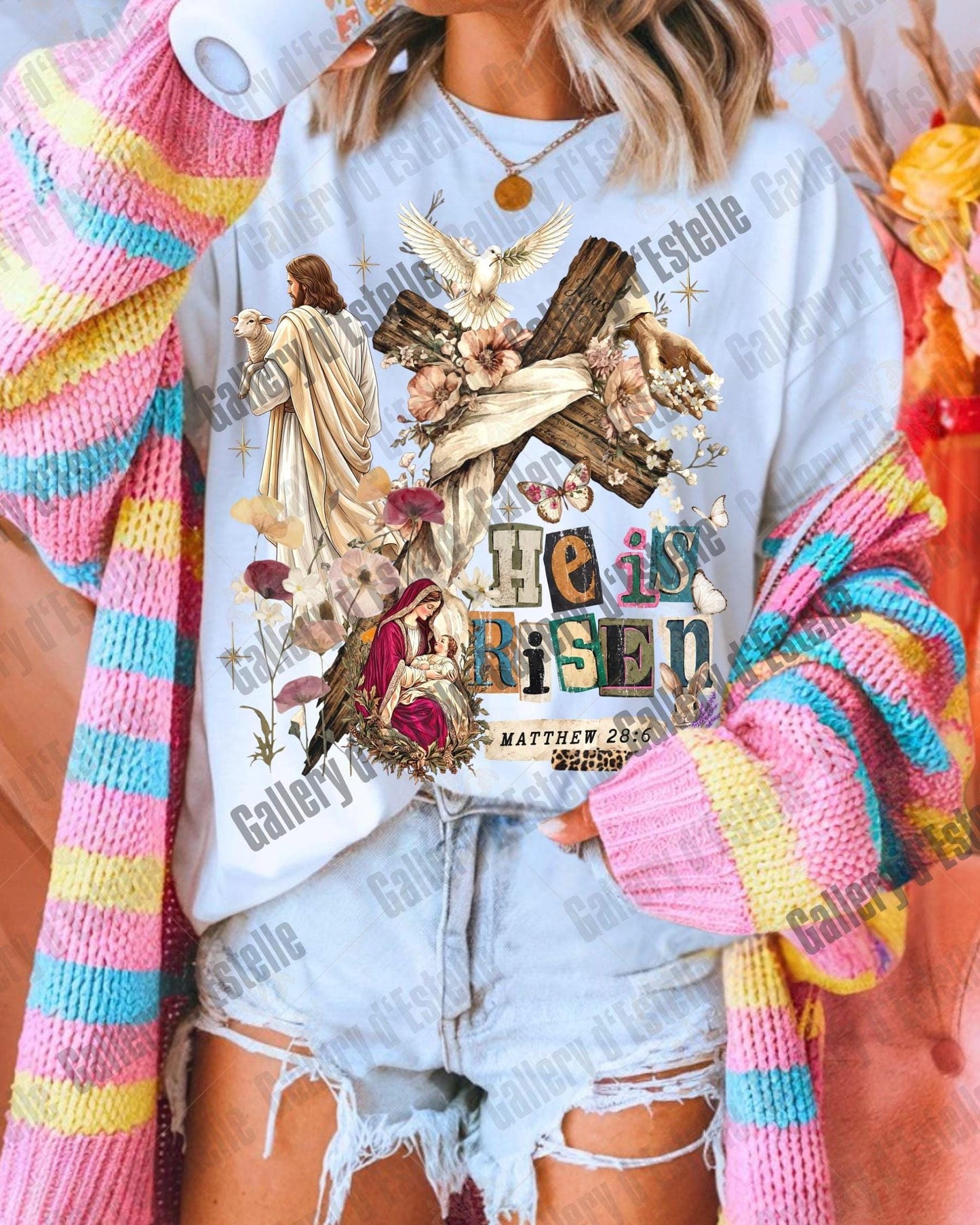 He Is Risen Collage PNG, Vintage Floral Easter Graphic, Coquette Christian Shirt Design