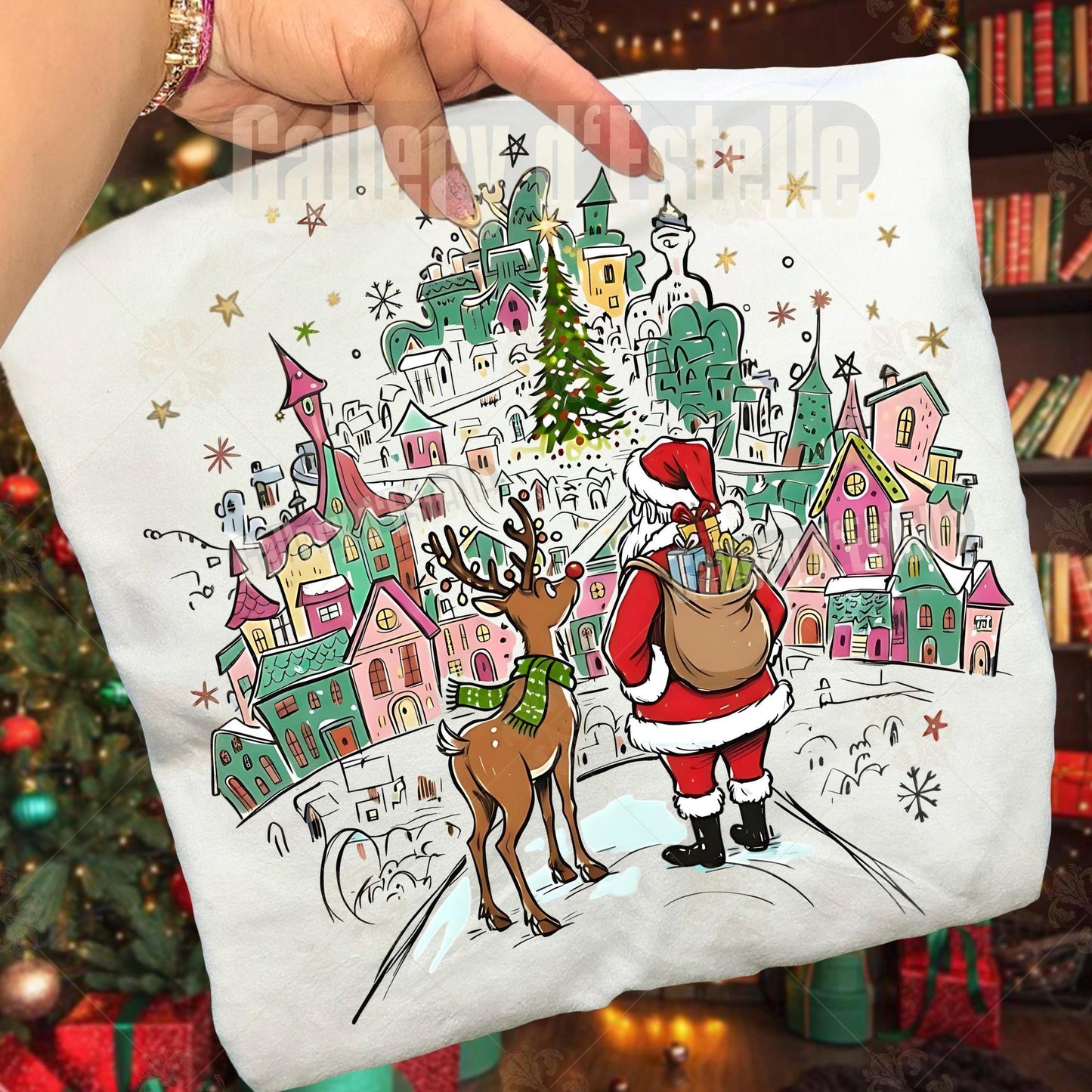 Retro Santa Town PNG, Coquette Christmas Reindeer Graphic, Nostalgic Holiday Sublimation, Festive Shirt Design