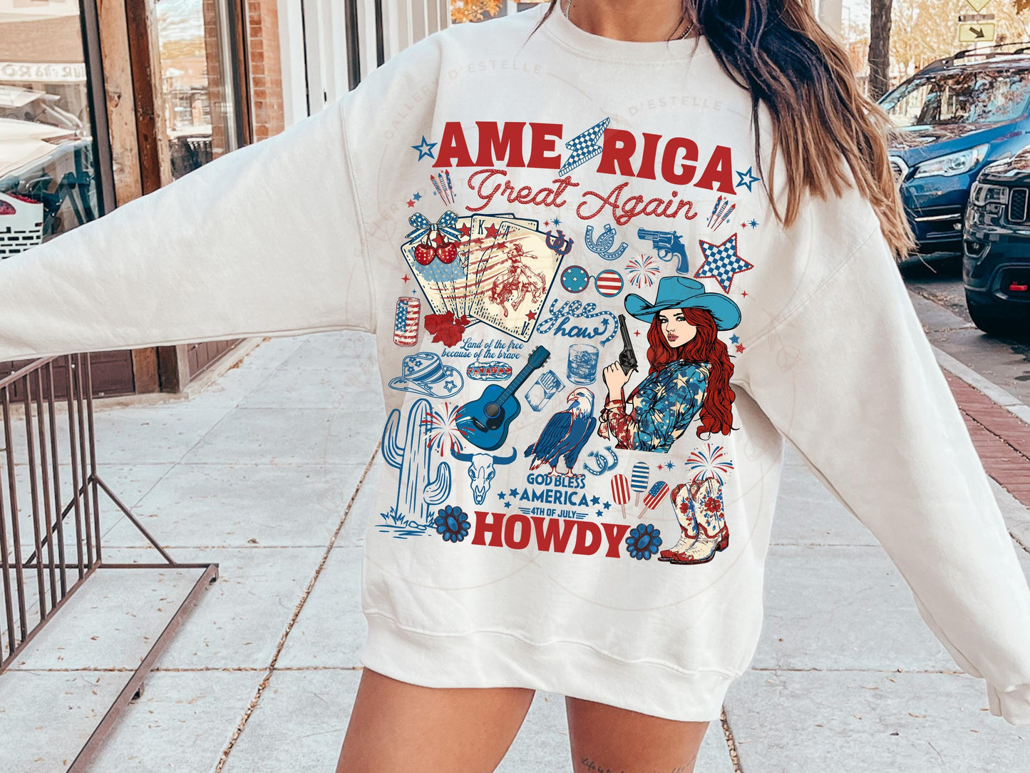 America Great Again PNG, Patriotic Cowgirl Collage, Western 4th of July Graphic, Trendy Checkered Country Shirt Design