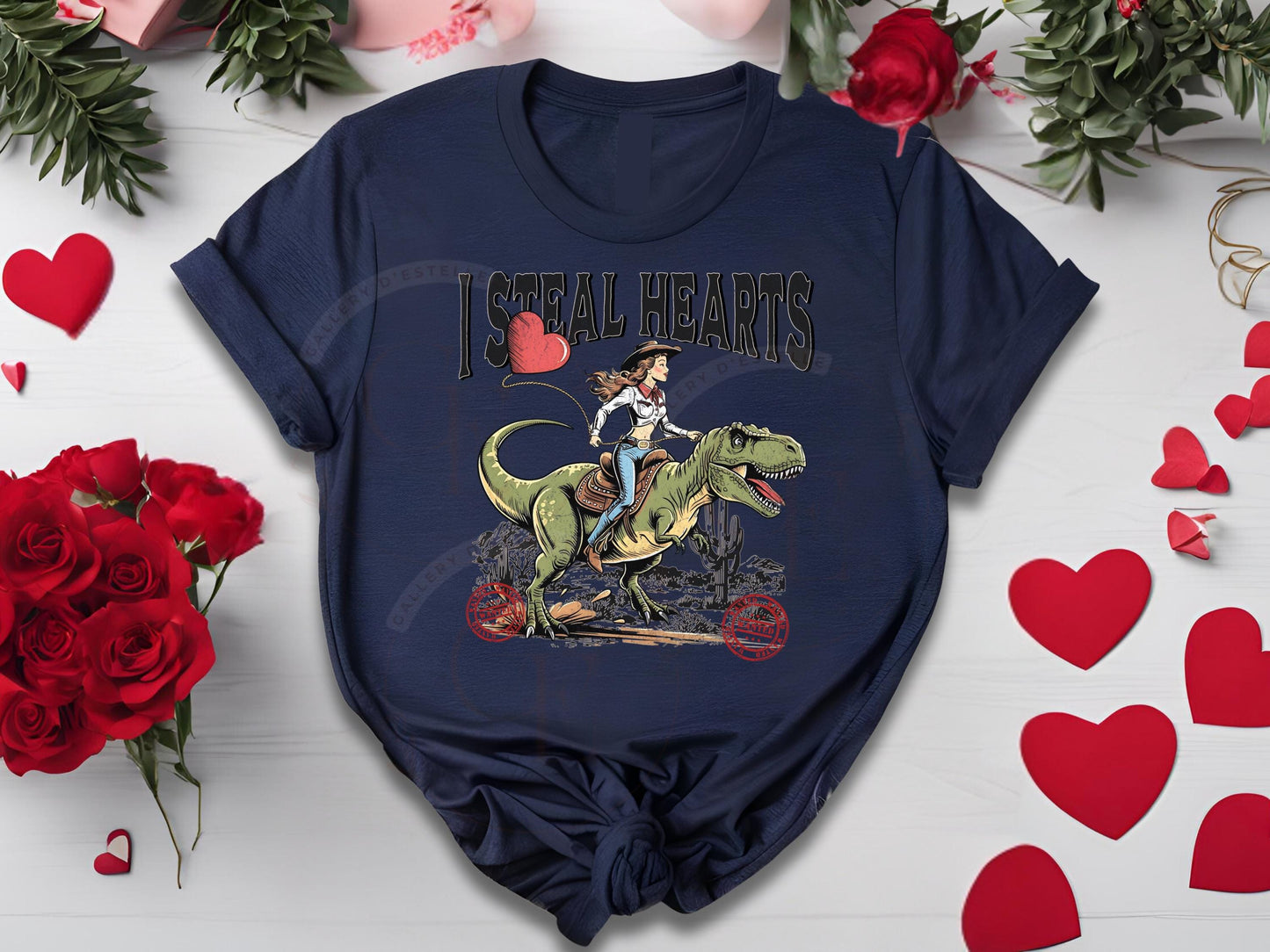 I Steal Hearts Western PNG, Retro Cowgirl Riding Dinosaur Rodeo Graphic, Cute Valentine Country Shirt Design