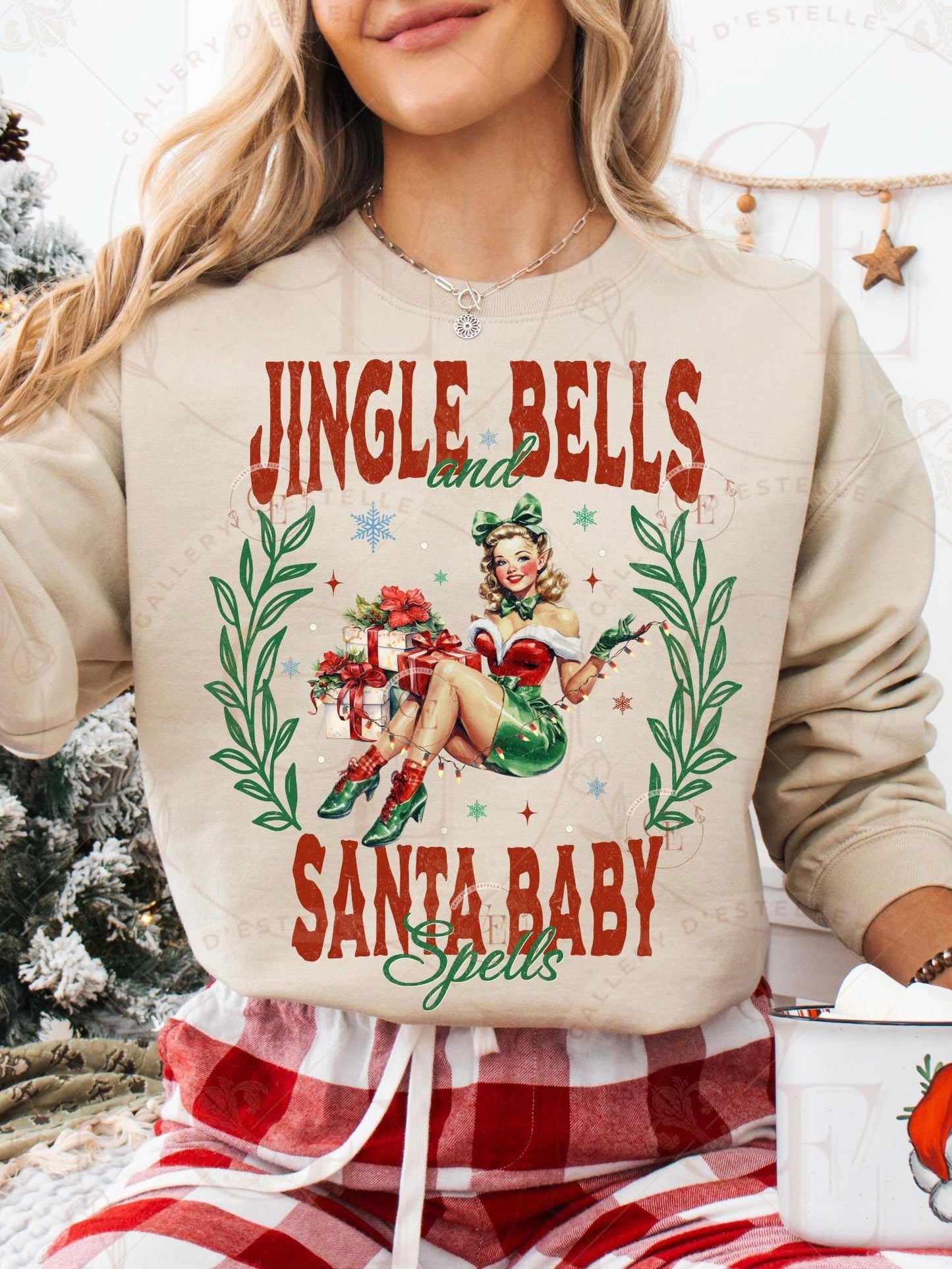 Jingle Bells and Santa Baby Spells PNG, Retro Pinup Girl Art, Cute Vintage Christmas Graphic, Coquette Holiday Shirt