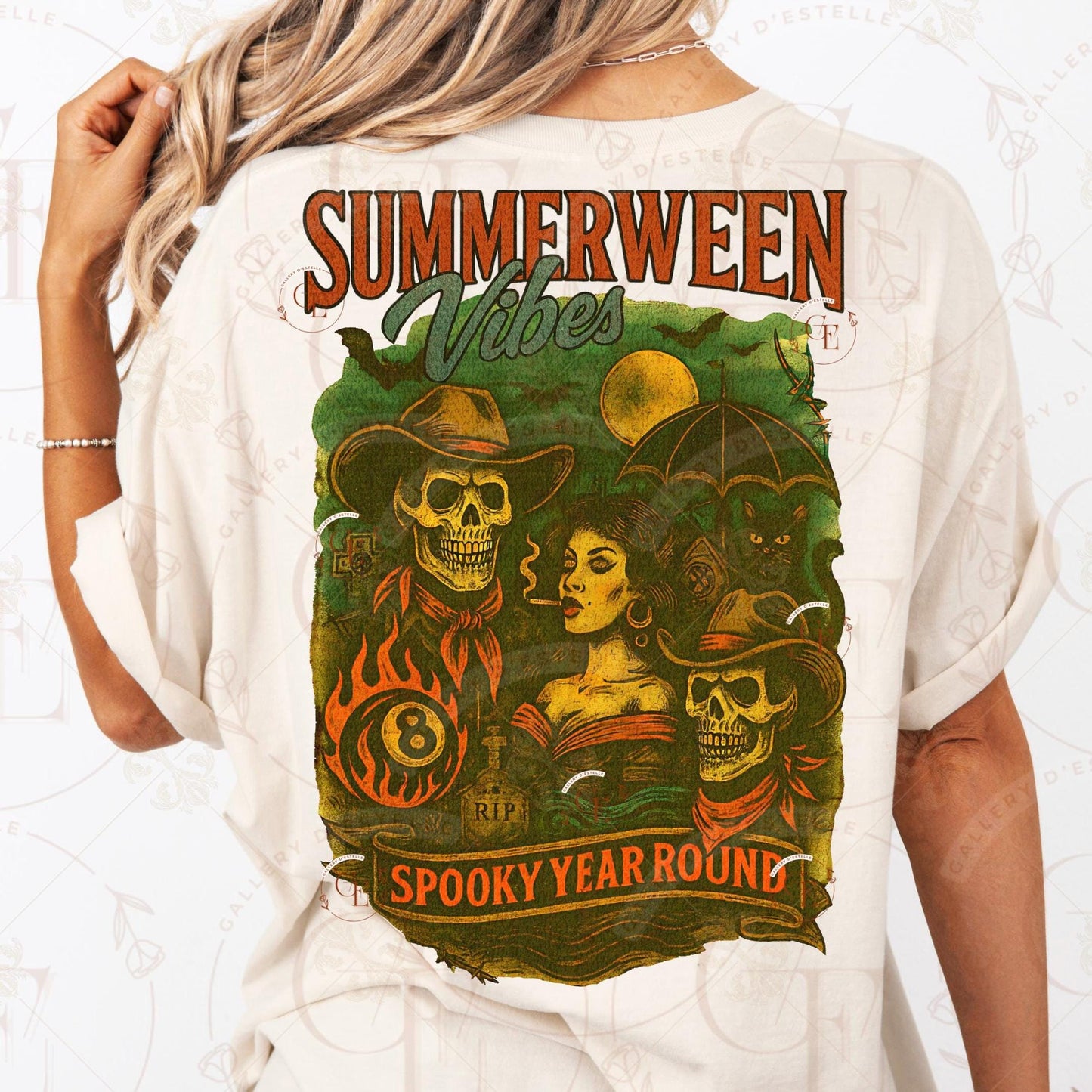 Summerween Vibes Western PNG, Retro Halloween Skeleton Collage, Spooky Gothic Country Shirt Design