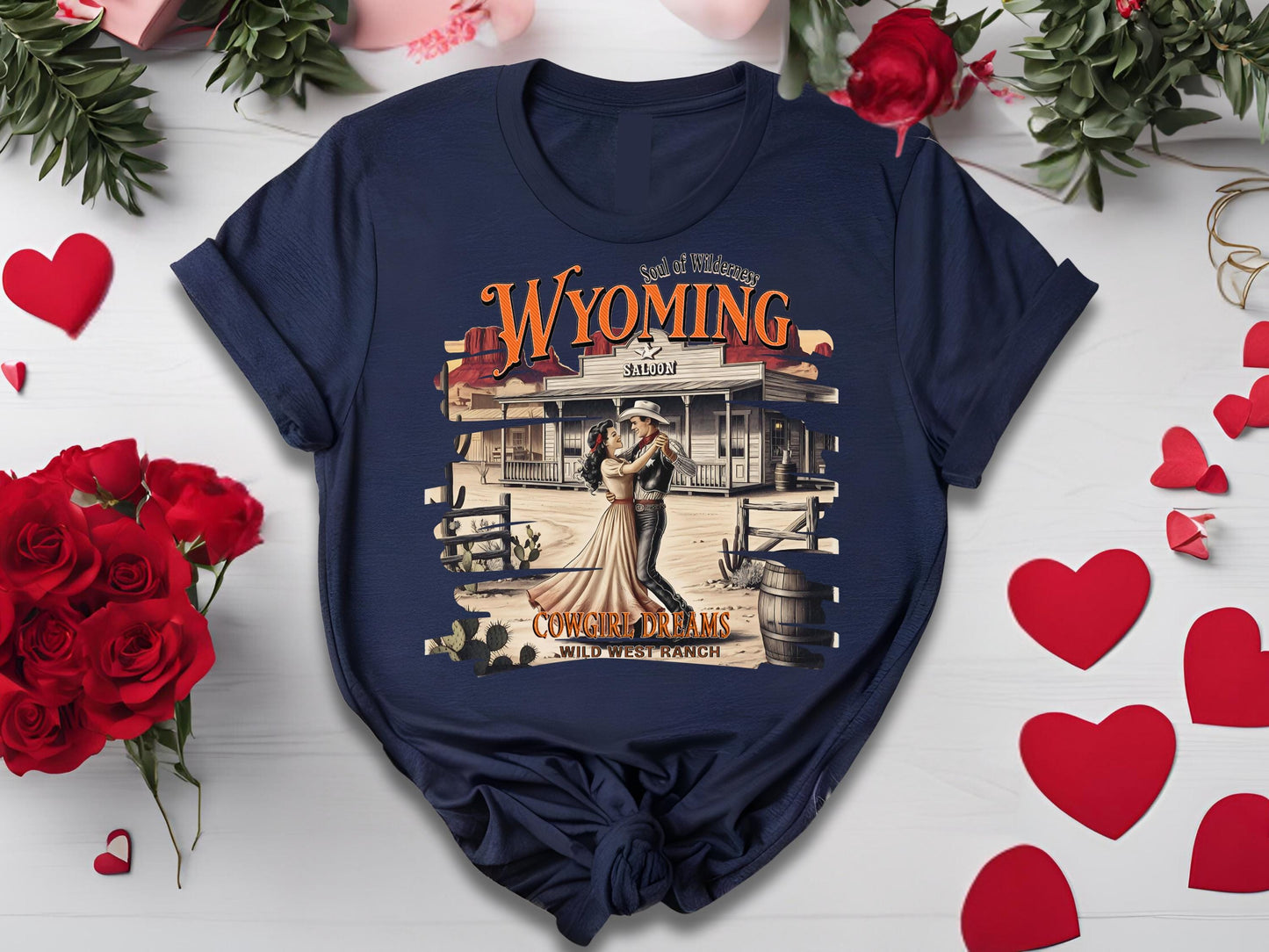 Vintage Wyoming Love PNG, Wild West Cowboy & Cowgirl Romance Graphic, Western Valentine's Shirt Design
