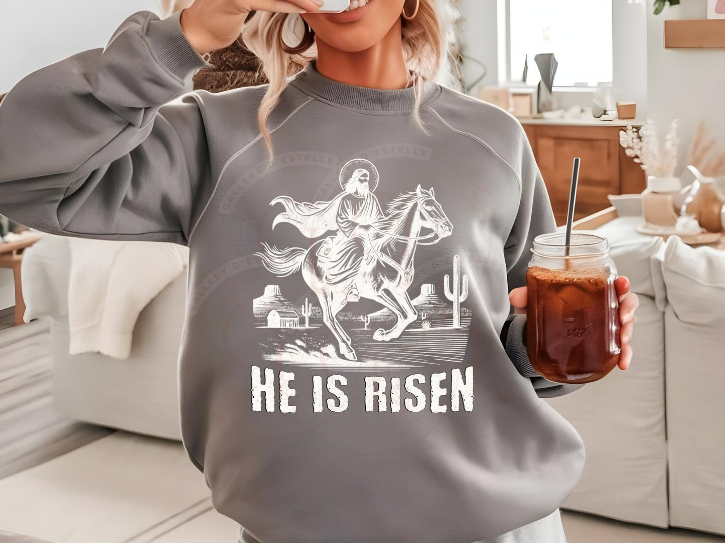 He is Risen PNG, Vintage Western Christian Graphic, Cowboy Jesus Art, Religious Easter Country Shirt Design