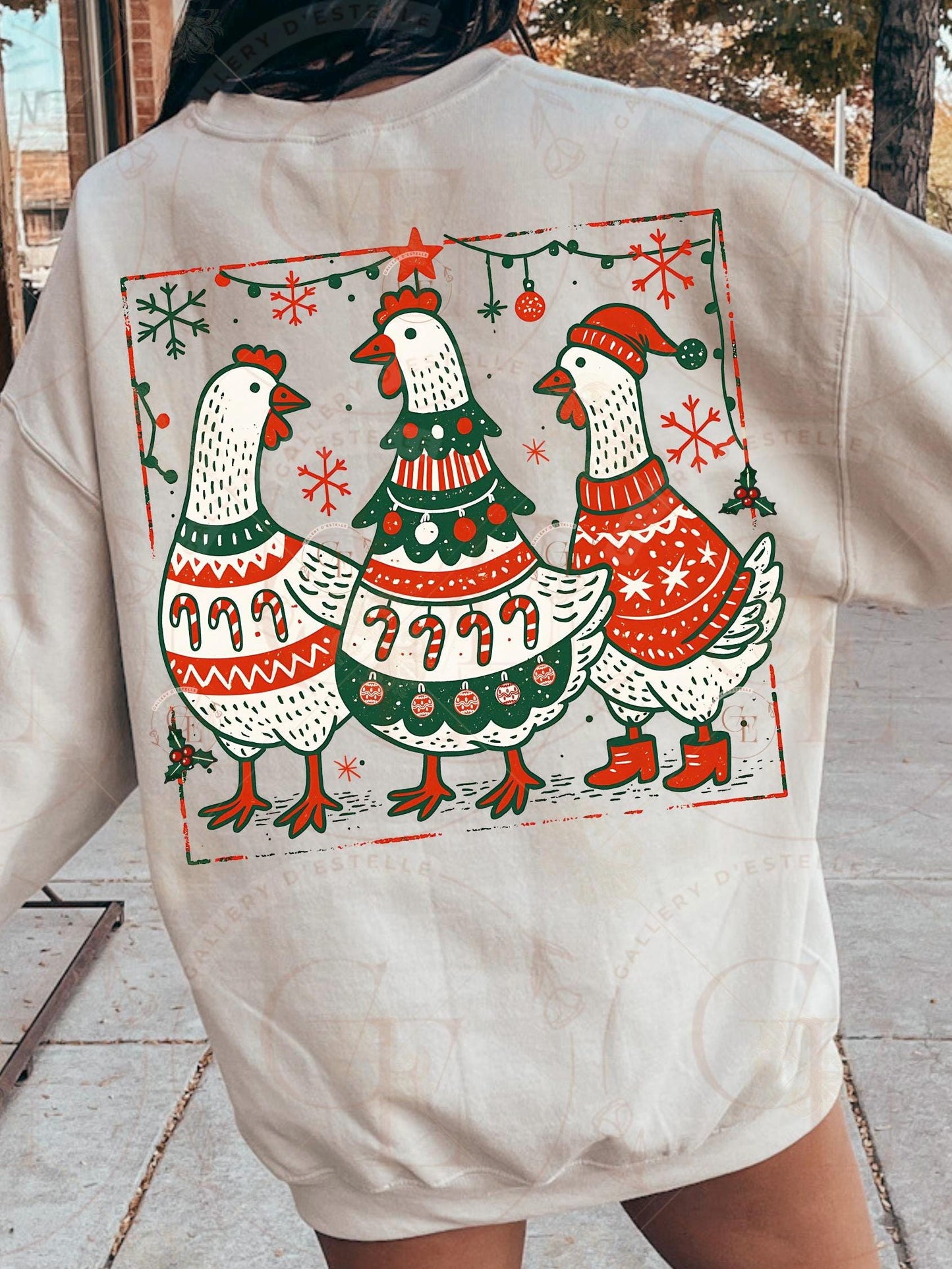 Boho Christmas Chickens PNG, Retro Festive Chicken Graphic, Vintage Farmhouse Holiday Sublimation, Coquette Chick Shirt Design
