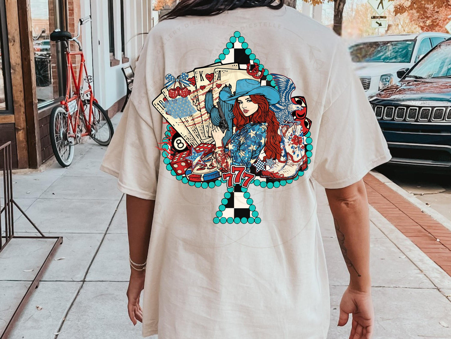 4th of July Feeling Lucky PNG, Western Patriotic Cowgirl Casino Art, Checkered Turquoise Spade Graphic, Trendy Independence Day Shirt Design