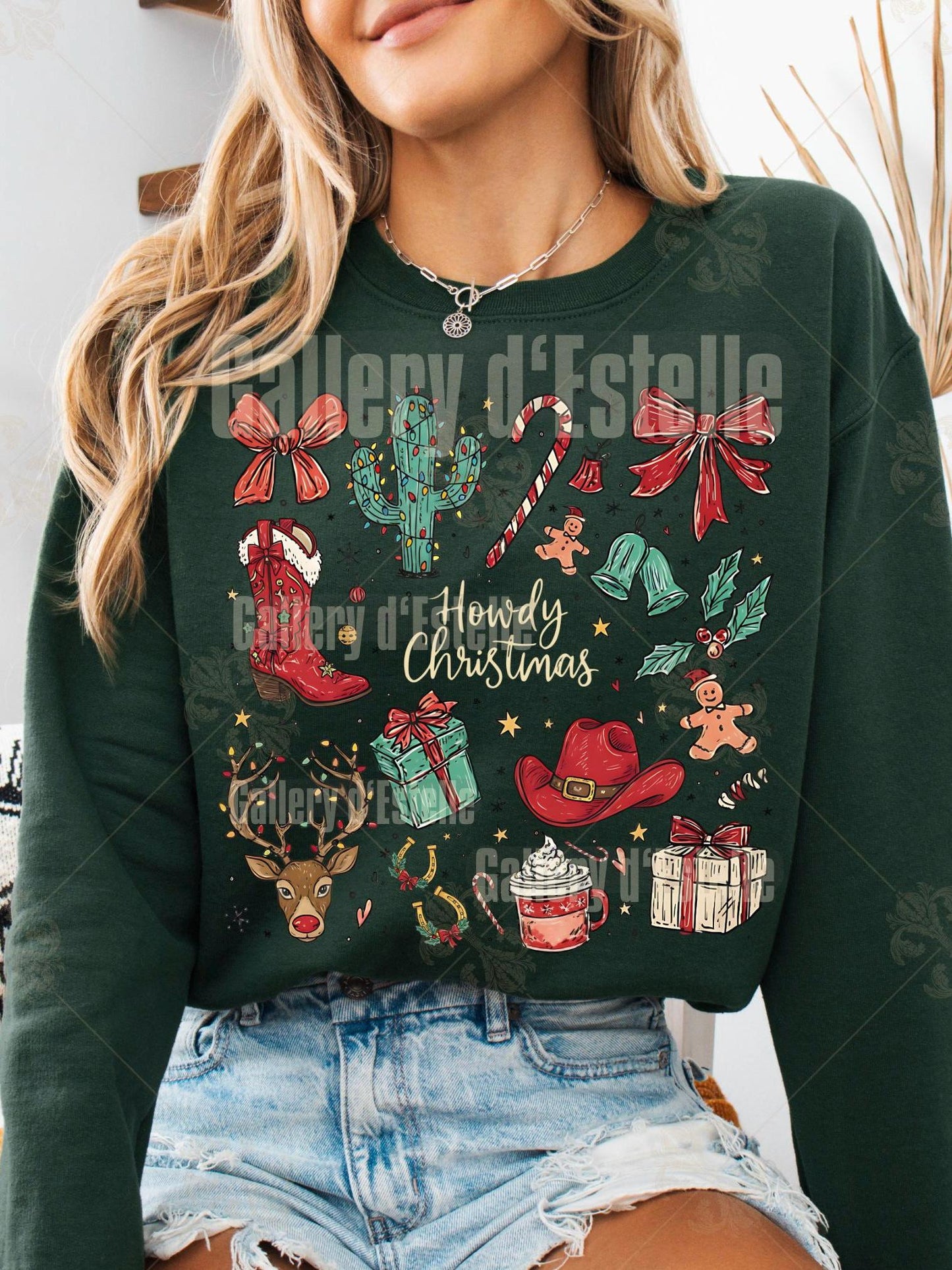 Coquette Cowgirl Christmas Collage PNG, Festive Western Doodle Art, Cowboy Reindeer Holiday Graphic, Trendy Country Shirt Design