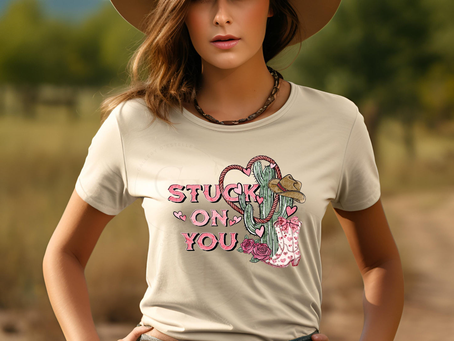 Stuck on You Western PNG, Rustic Cowgirl Cactus Art, Wild West Valentines Shirt Design