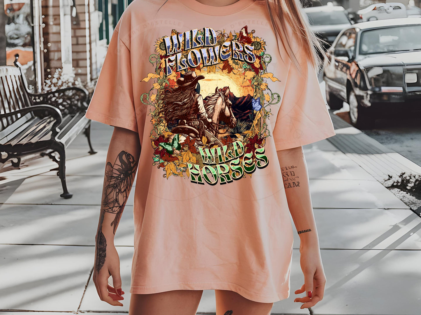 Wild Flowers Wild Horses PNG, Boho Floral Vintage Western Art, Retro Cowgirl Rodeo Graphic, Trendy Country Shirt Design