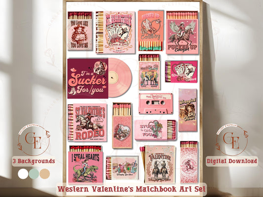 Western Valentine's Matchbook Art Set, Rustic Wild West Love Graphic, Vintage Cowgirl & Cowboy Wall Decor