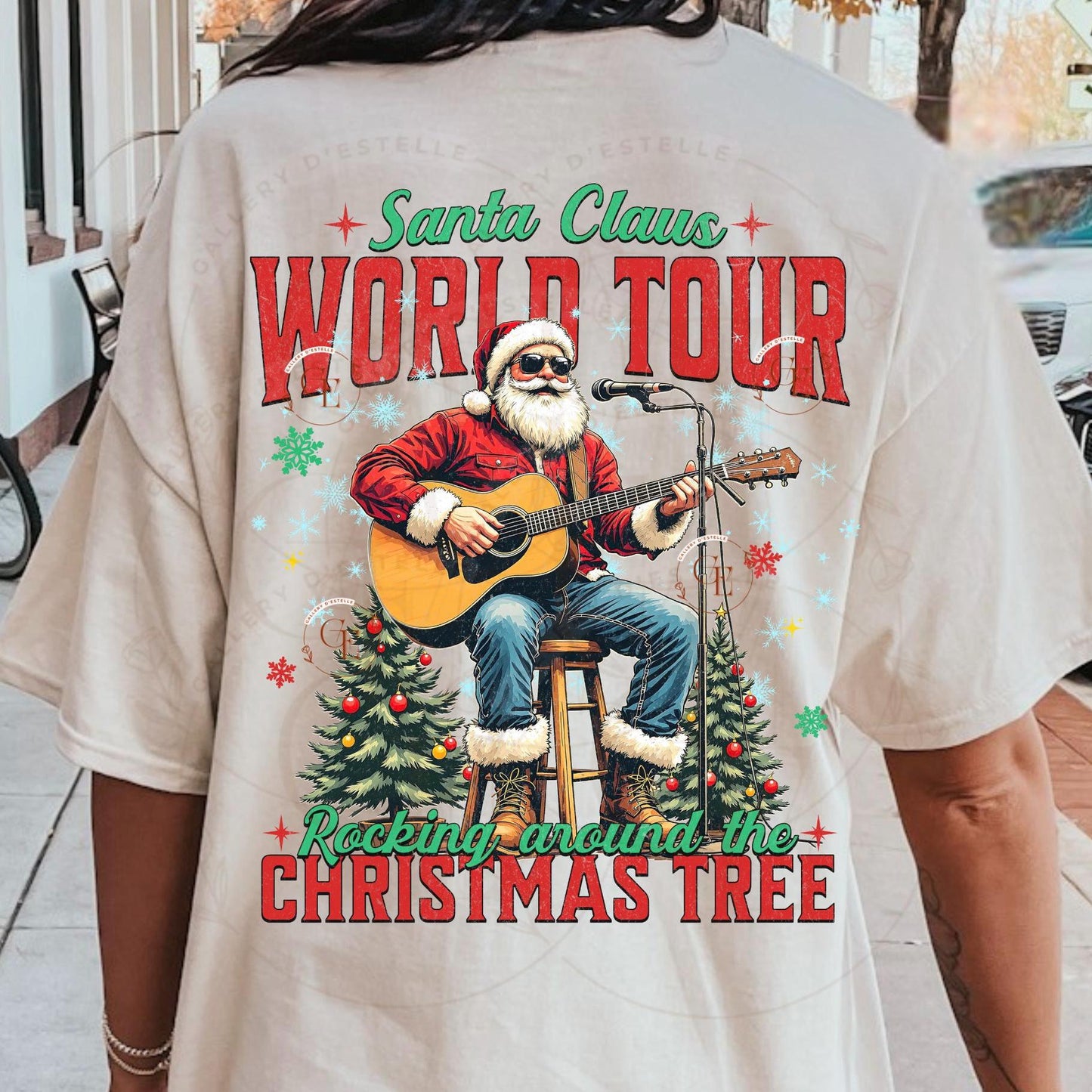 Santa Claus World Tour Country PNG, Retro Christmas Cowboy Playing Guitar Graphic, Trendy Western Holiday Rocker Shirt Design