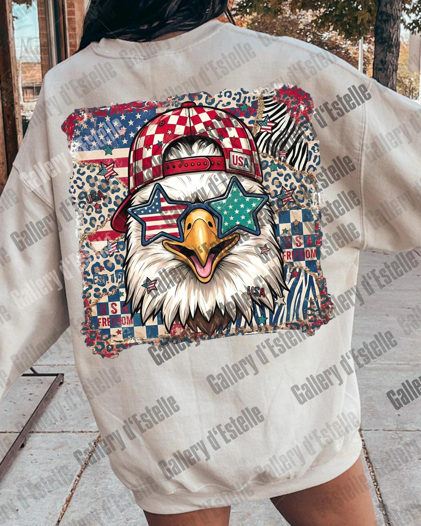 Retro American Eagle PNG, Preppy Patriotic Checkered Leopard Graphic, Trendy 4th of July Shirt Design