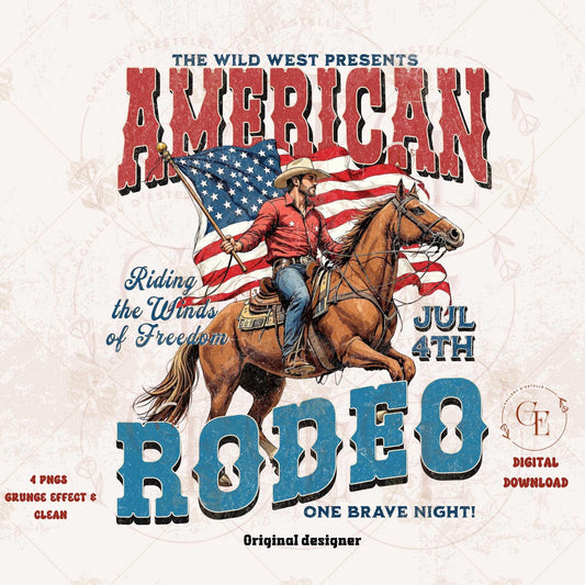 American Rodeo Country PNG with vintage Wild West patriotic cowboy graphic for 4th of July Independence Day shirt design