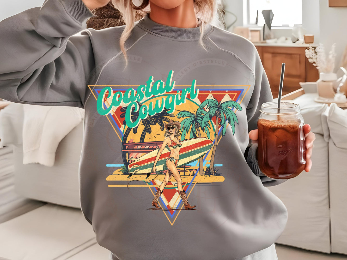 Coastal Cowgirl Western PNG, Retro Summer Girl Graphic ,Trendy Tropical Cowgirl Beach Shirt Design
