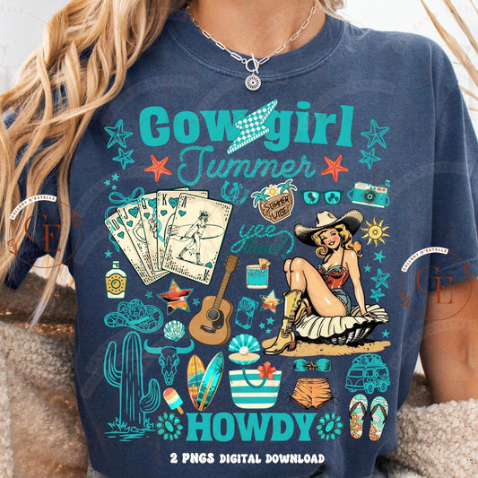 Summer Cowgirl Collage design with western summer elements on a blue t-shirt