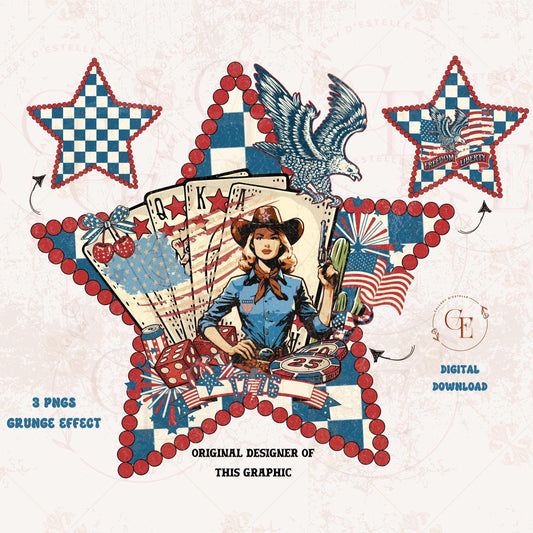 
Retro Patriotic Cowgirl PNG featuring western cowgirl with 4th of July elements, vintage checkered poker star and American country design