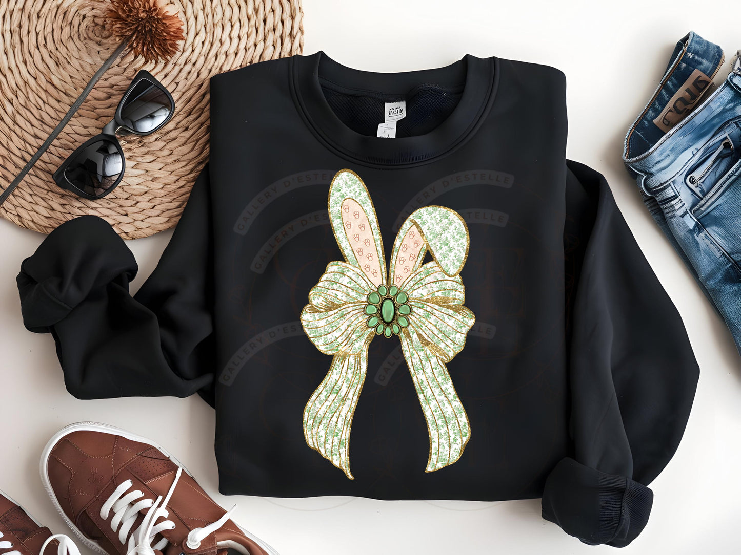 Coquette Easter Bunny Bow PNG, Green French Toile Glitter Graphic, Country Chic Shirt Design