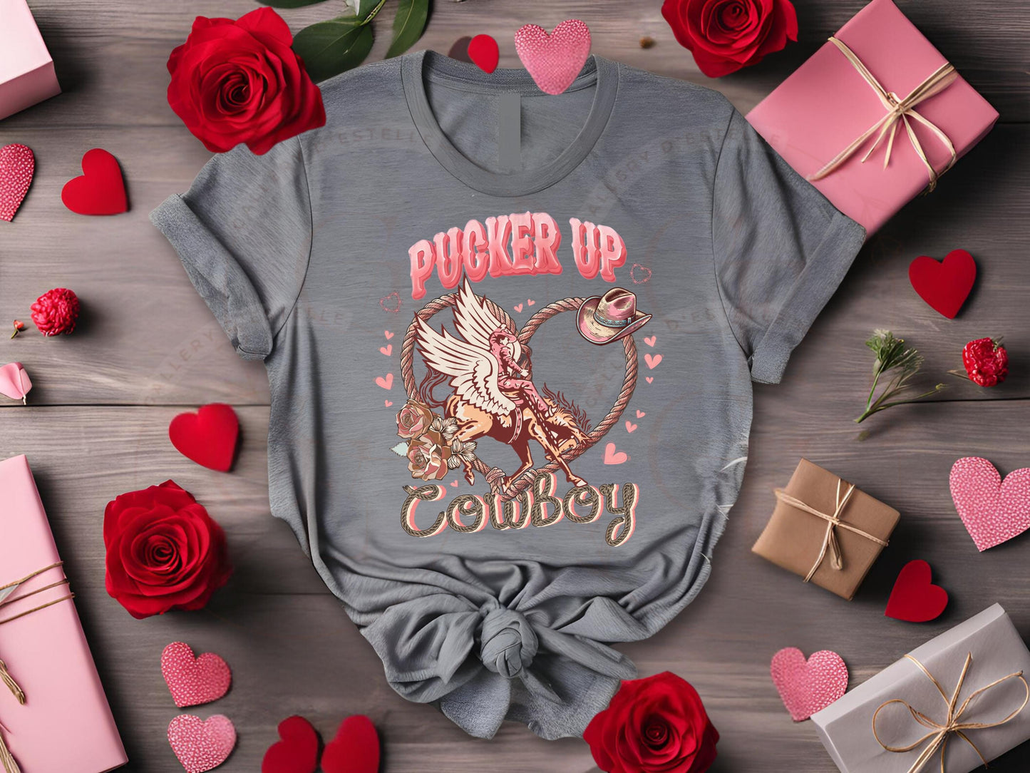 Pucker Up Cowboy PNG, Retro Western Valentine Rodeo Graphic, Cupid Cowboy on Bucking Horse Art, Trendy Country Shirt Design