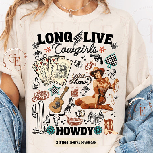 Long Live Cowgirls PNG, Western Retro Cowgirl Rodeo Collage, Trendy Turquoise Checkered Country Shirt Design